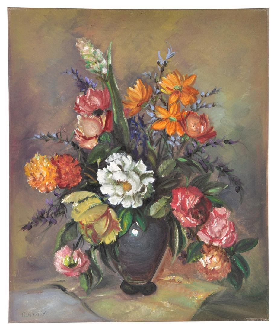 SIGNIERT SCHMITZ. Stilleben av olika blommande sommarblommor.