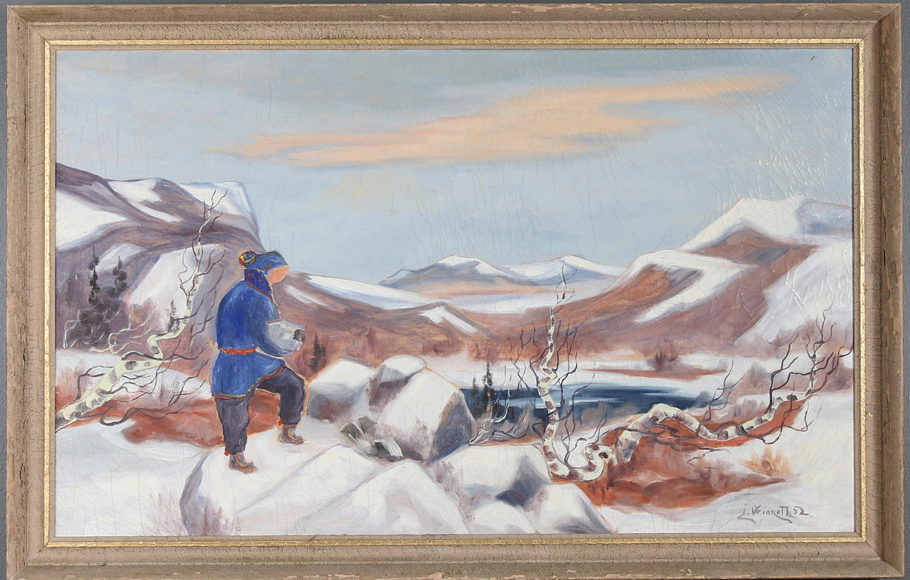 OIDENIFIERAD KONSTNÄR. Same i fjällandskap, olja på duk. Signerad "J. Winroth" samt daterad -52.