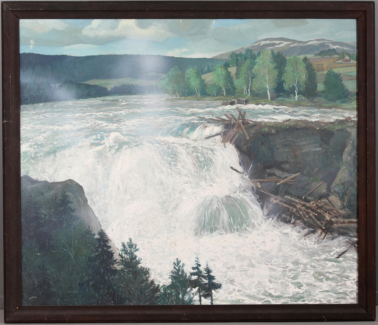 FRIEDRICH WILHELM HUNDT. Flottning i fors, olja på duk. Signerad.