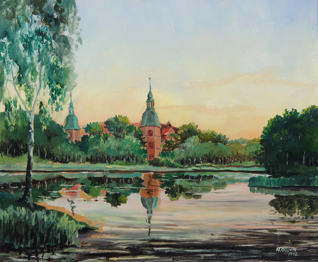 OIDENTIFIERAD KONSTNÄR. AXEL OLSON. Karsholms slott, olja på pannå, signerad A. Olson 1942.