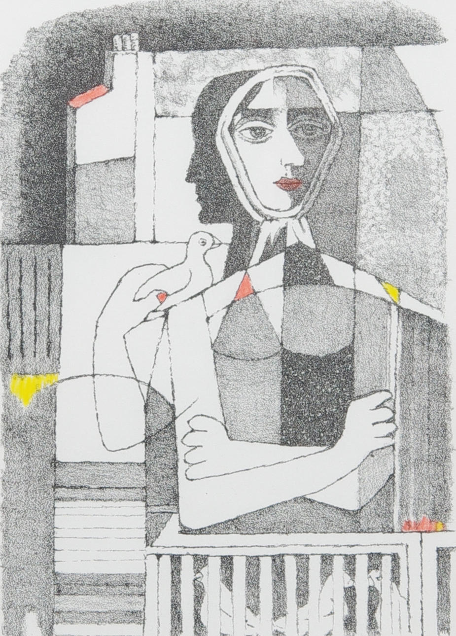 AXEL OLSON. Kvinna med fågel, färglitografi, signerad.