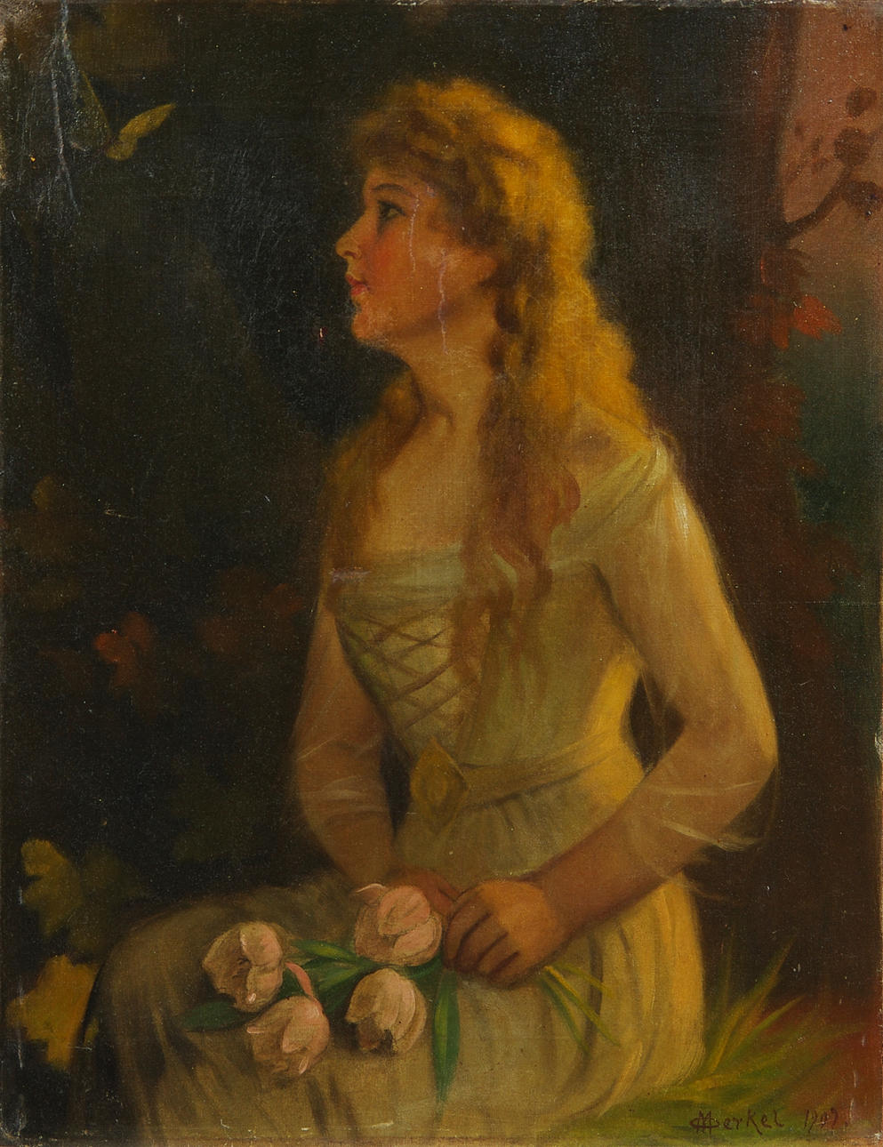 OIDENTIFIERAD KONSTNÄR. Drömmande kvinna, olja på duk, signerad Merkel 1907.