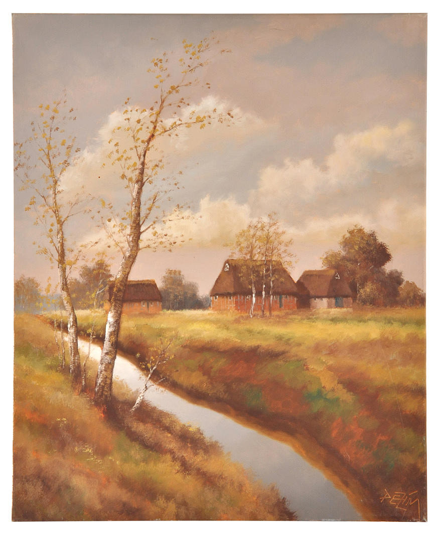 PETER ZIMMERMANN. Nordtyskt landskap med bondestugor, bäckar och björkar.