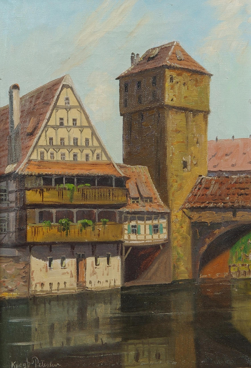 OIDENTIFIERAD KONSTNÄR. Stadsbild Tyskland, olja på duk, signerad Krogh Petersen.