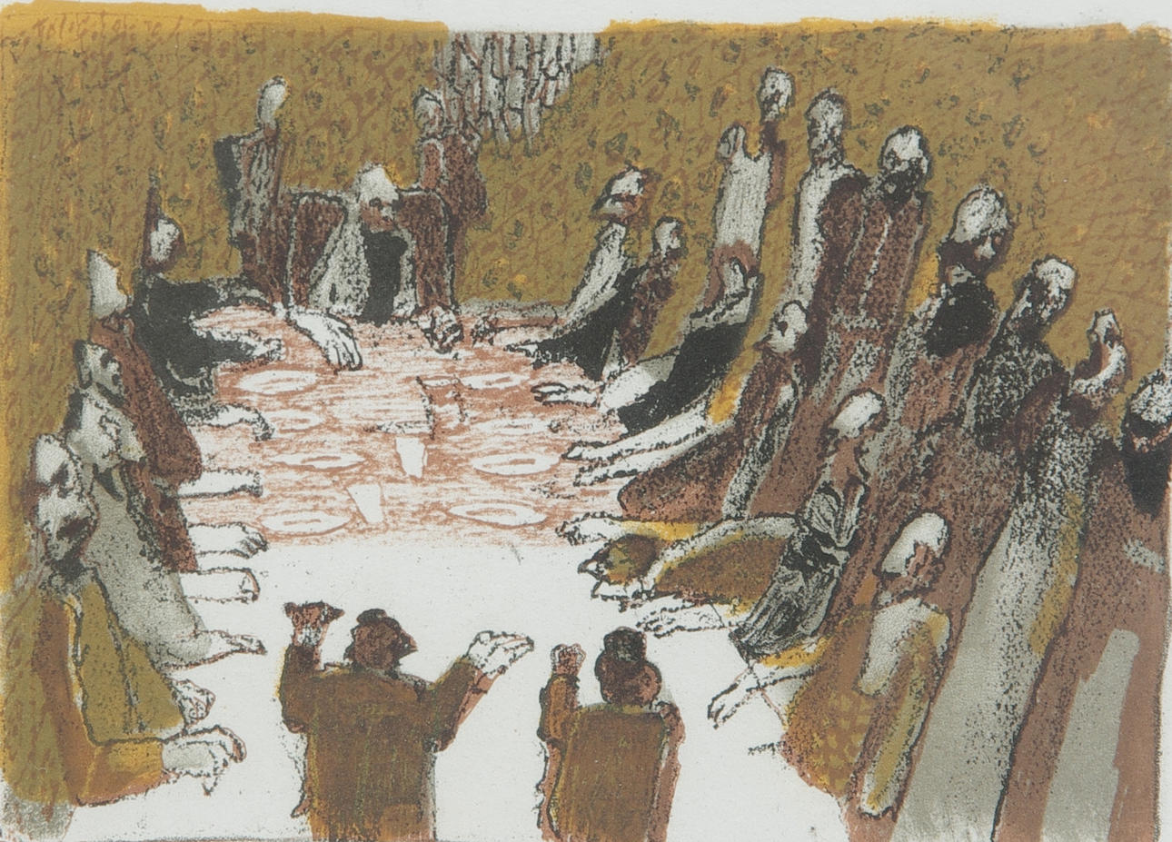 ROY FRIBERG. Middagsbord, färglitografi, monogramsignerad RF -93.