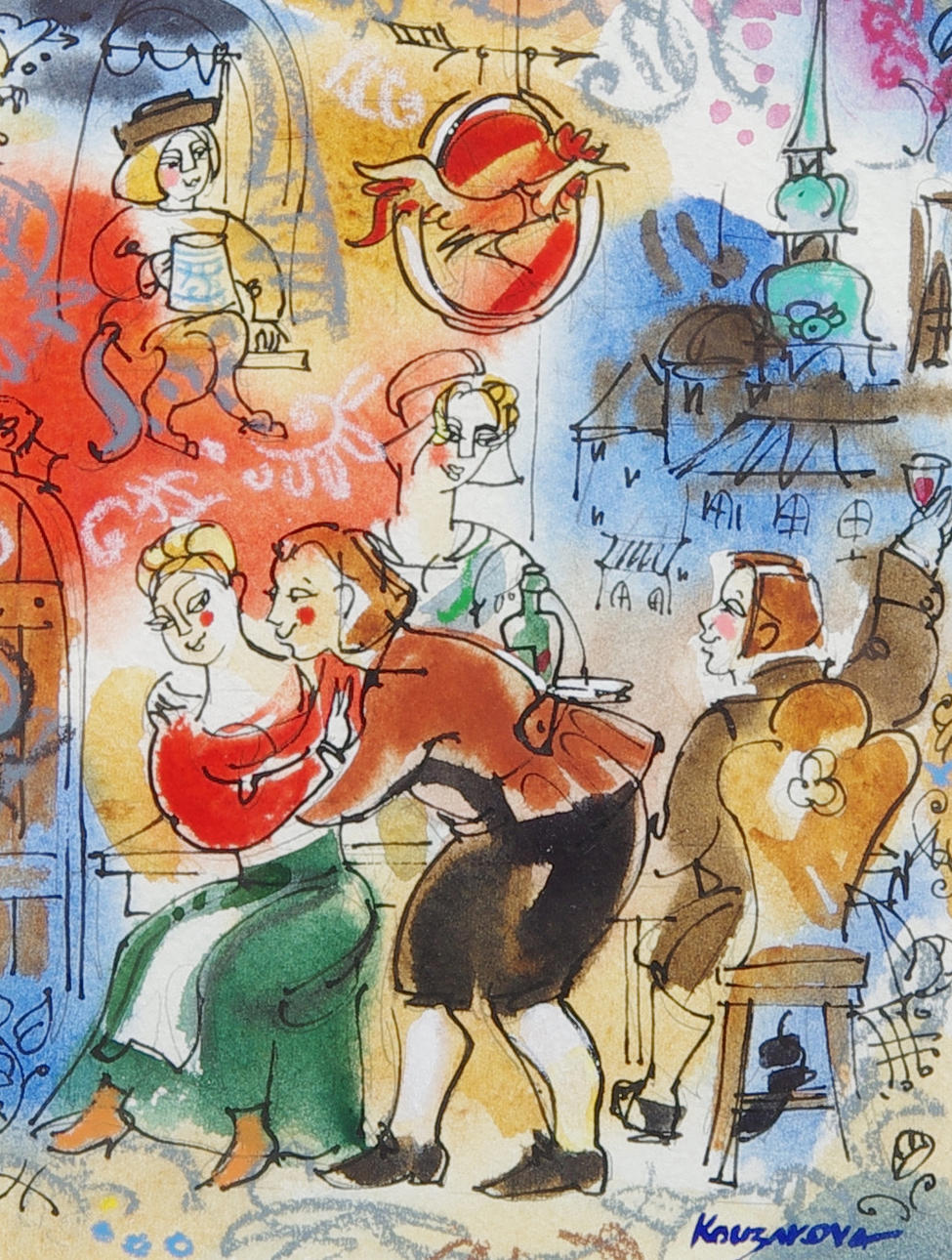 DIANA KOUZAKOVA. Värdshusscen, blandteknik, signerad Kouzakova.