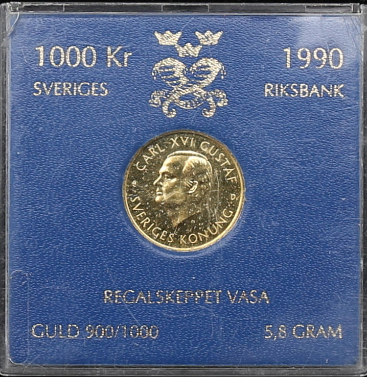 GULDMYNT, 1000 kr 5,8 g, 21,6 K, Regalskeppet Vasa 1990.