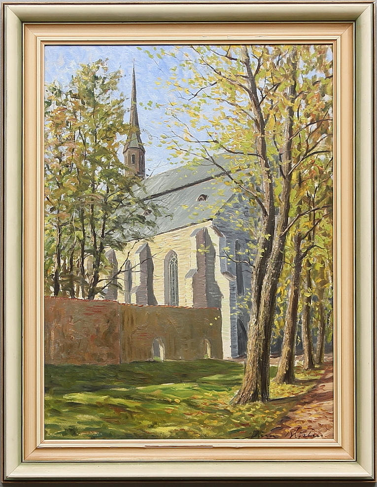 BIRGER HJELM. Vadstena Klosterkyrka, Olja på pannå, signerad.