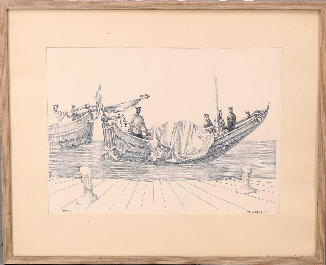 FOLKE DAHLBERG. Tuschteckning, "Hamn", signerad, daterad -55-56.