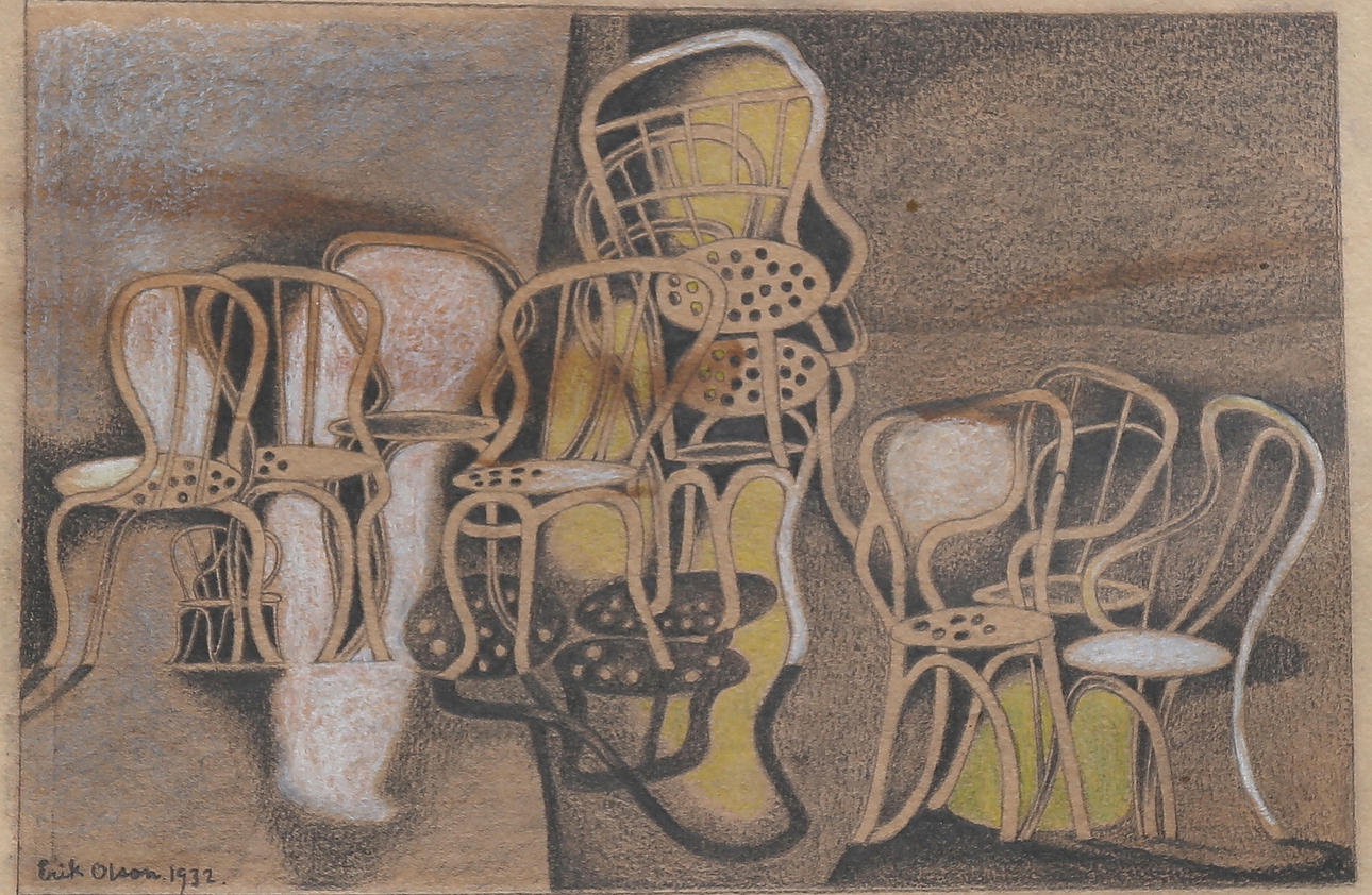 ERIK OLSON. Komposition med stolar, blandteknik, signerad och daterad 1932.