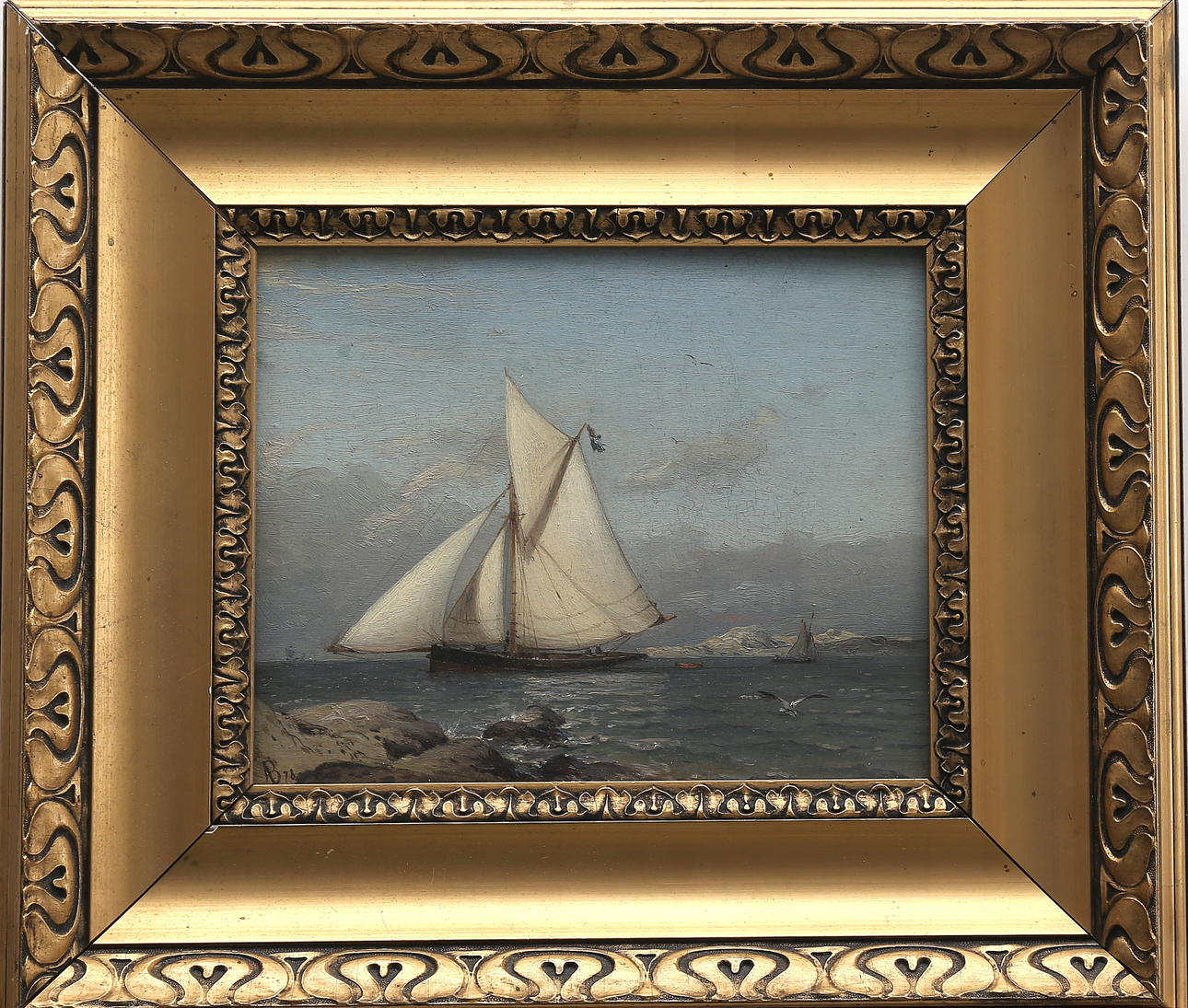 ALBERT BERG. Segelfartyg i skärgården, olja på pannå, sigerad AB och daterad -78 (1878).