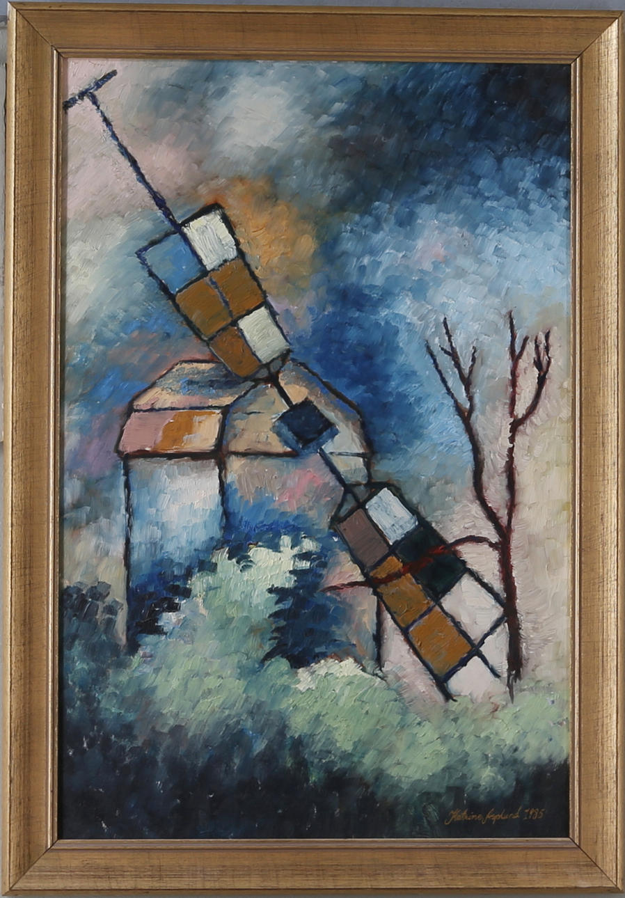 KATRINE ASPLUND. Väderkvarnen, olja på pannå, signerad och daterad 1985.