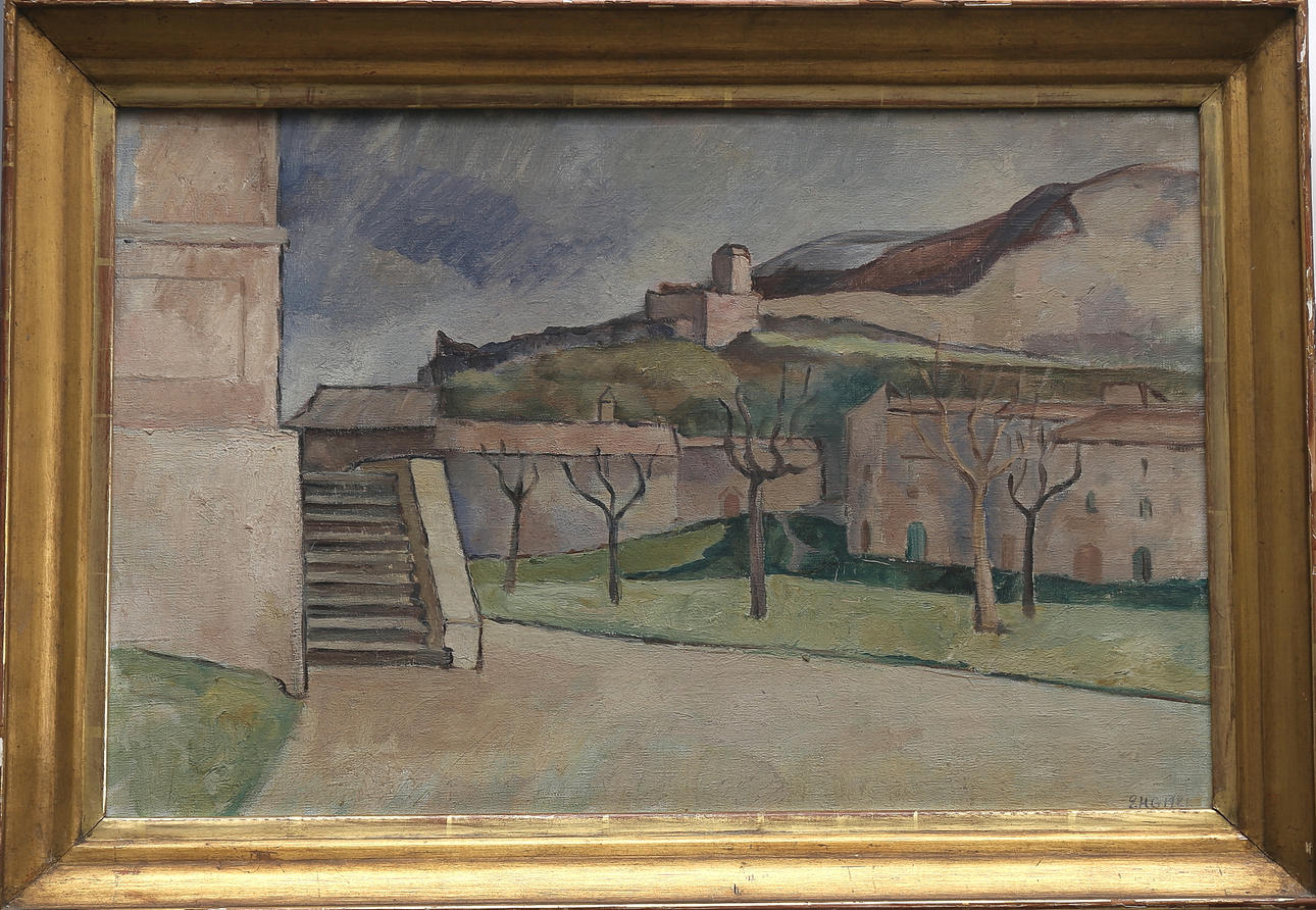 OIDENTIFIERAD KONSTNÄR. Sydländskt landskap med hus, olja på duk, signerad E H G och daterad 1921.