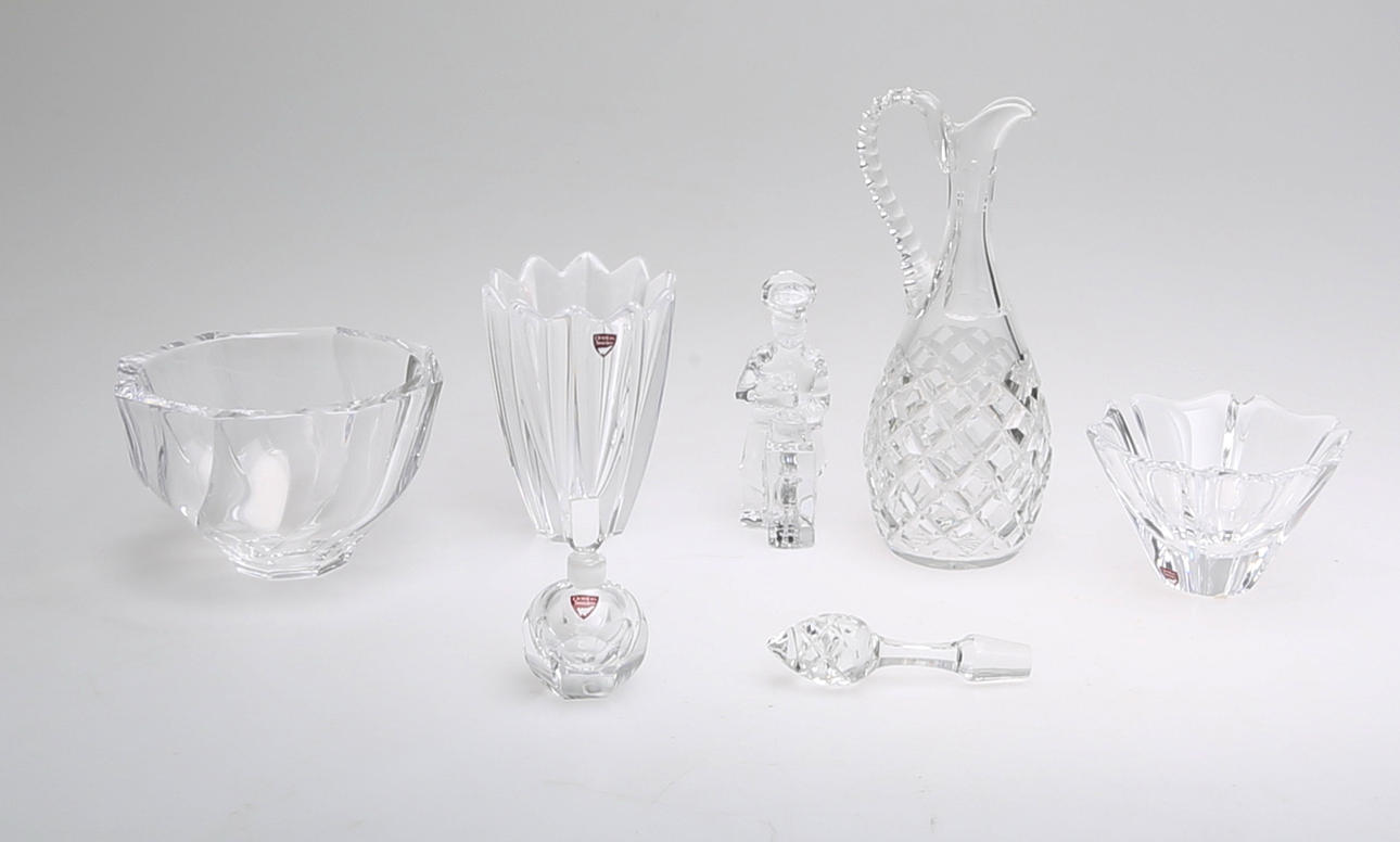 GLASFÖREMÅL, 6 delar, kristall, Orrefors, 1900-tal.