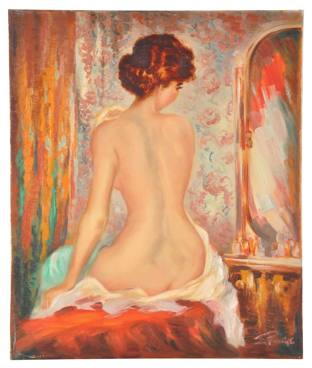 SIGNIERT E. PUCKE. Kvinnlig rygg naken framför toalettbord. Nuvarande impressionism.