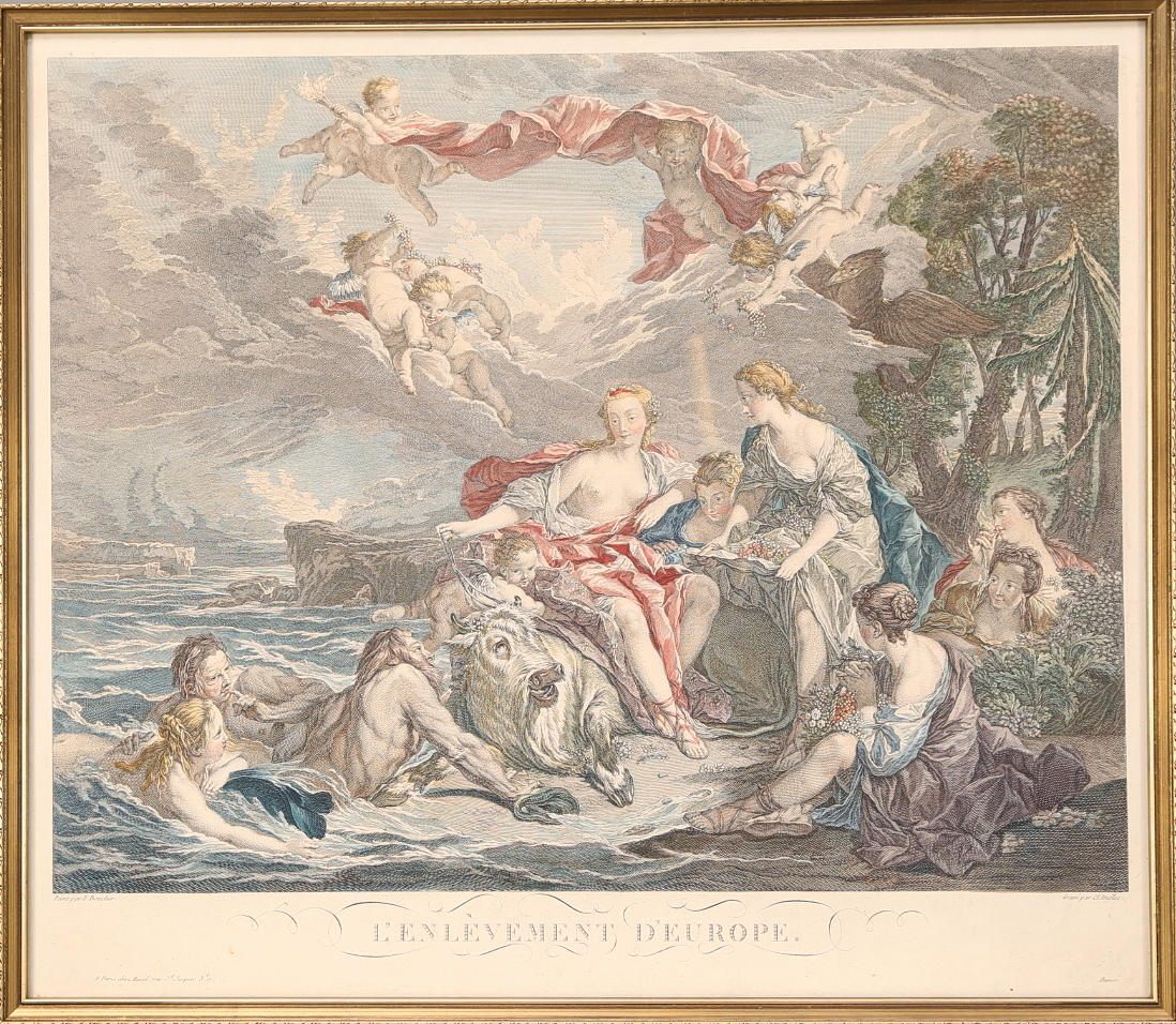 F. BOUCHER. EFTER. "L'enlevement d'Europe", handkolorerat tryck av kopparstick.