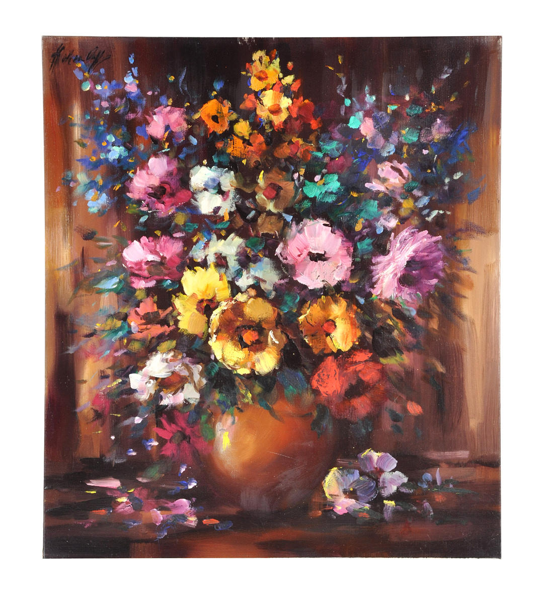 SIGNIERT. Uttrycksfullt stilleben av sommarblommor.