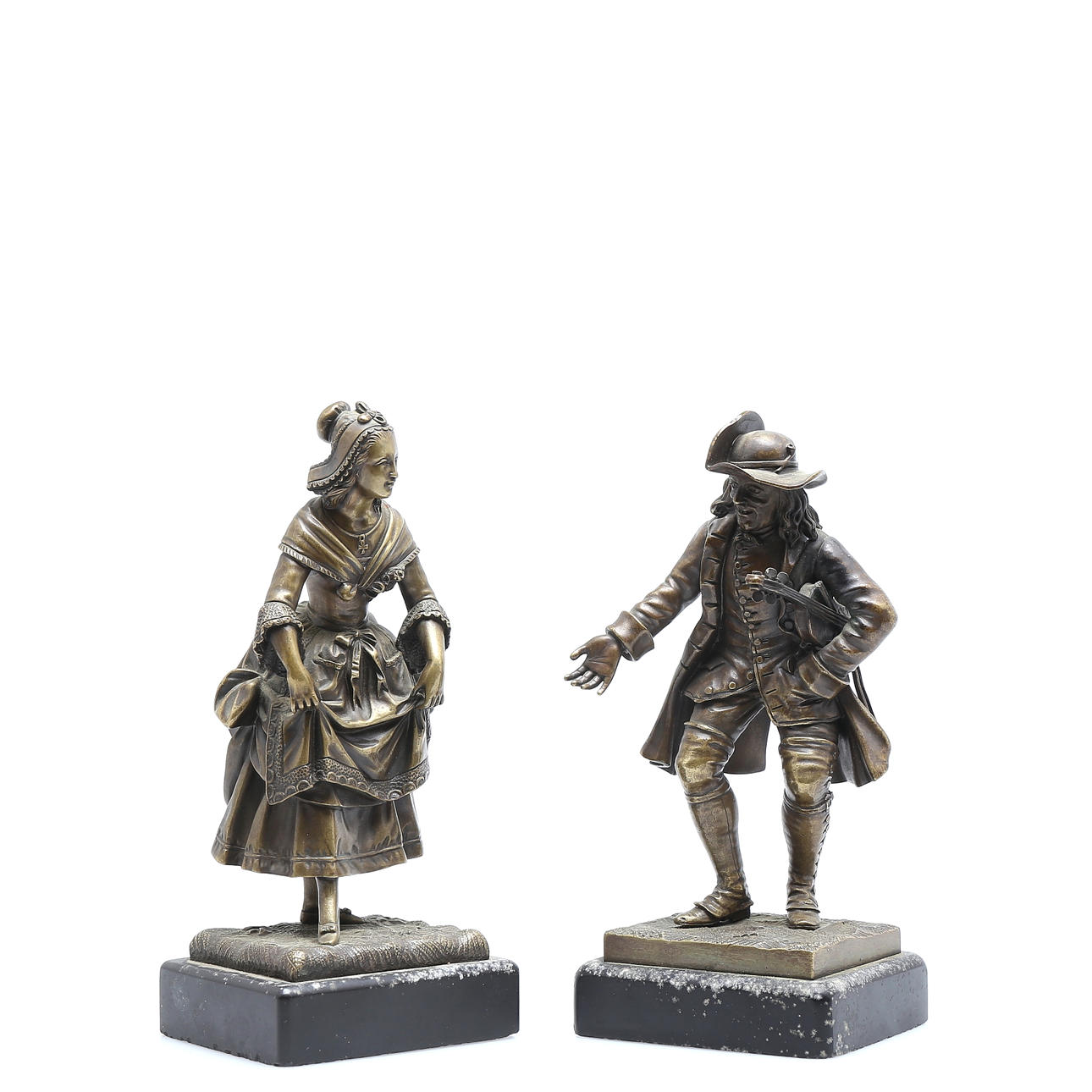 OKÄND KONSTNÄRER. Skulpturer i brons, 2 st, Kvinna och man med fiol, 1900-talets början, osignerade.