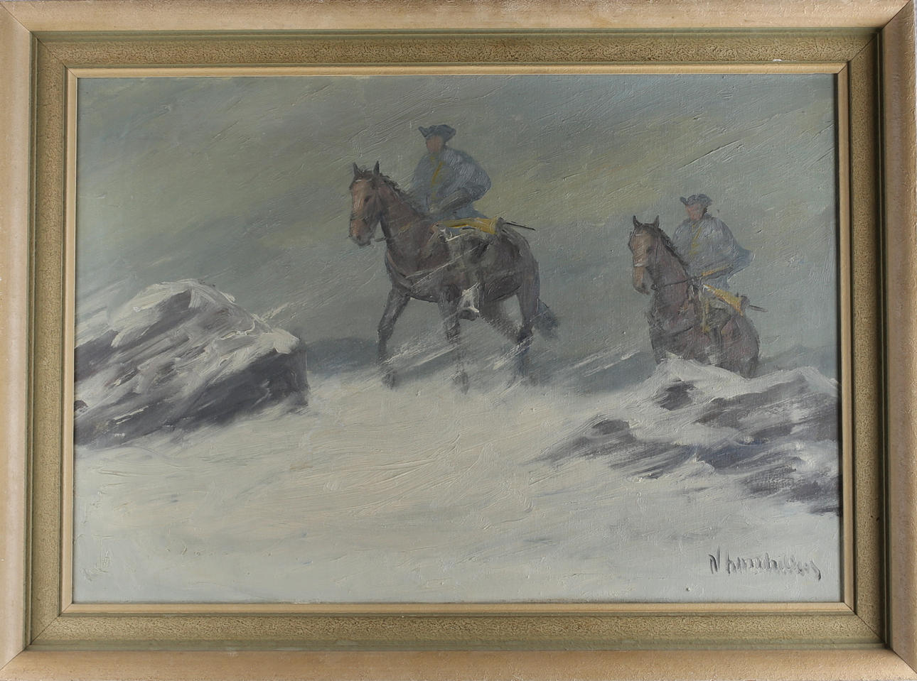 OIDENTIFIERAD KONSTNÄR. Drabanter till häst, olja på duk, signerad.