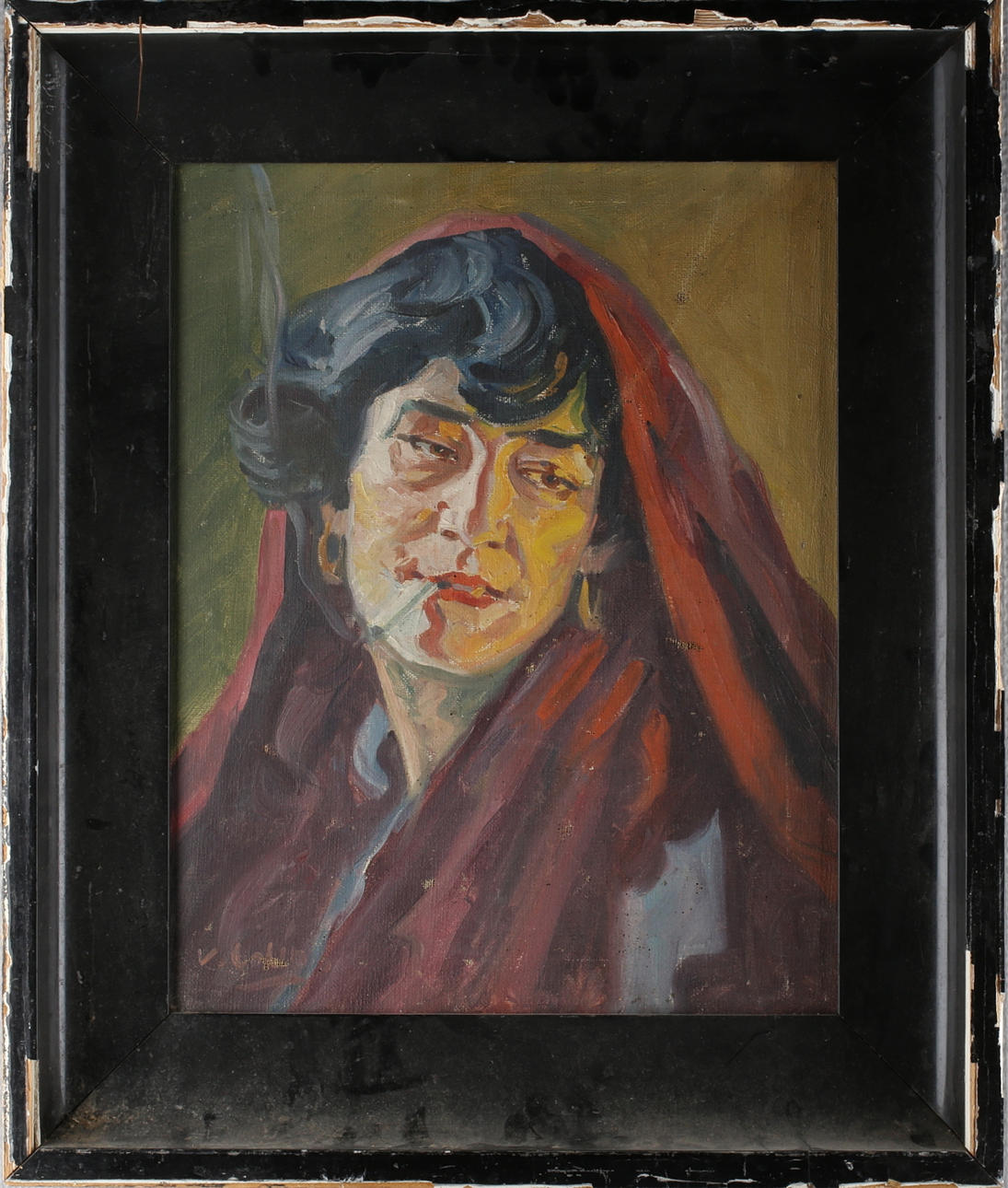 OIDENTIFIERAD KONSTNÄR. Rökande kvinna, olja på duk, signerad.