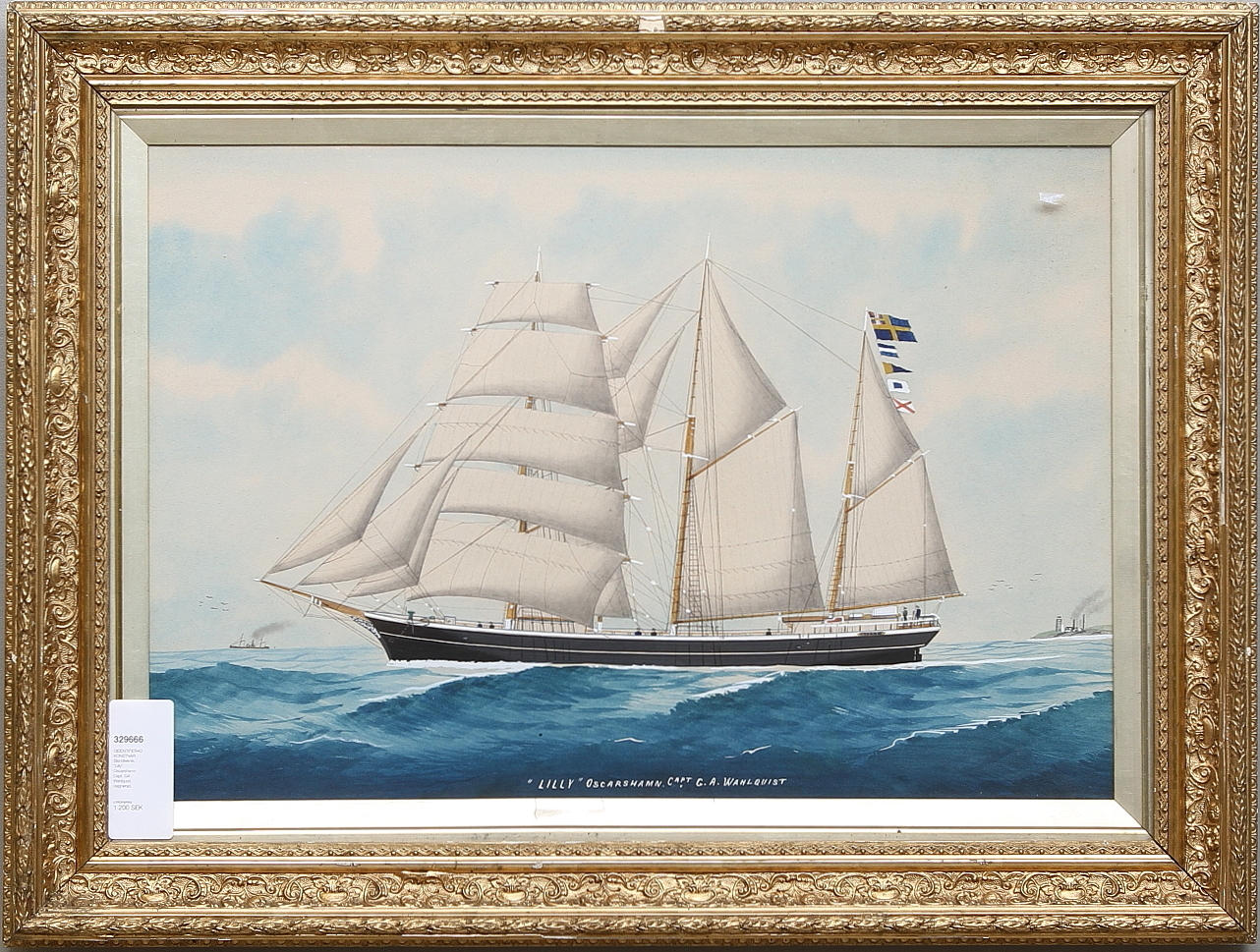 OIDENTIFIERAD KONSTNÄR. Blandteknik. "Lilly", Oscarshamn Capt. GA Wahlquist, osignerad. 1800-tal.