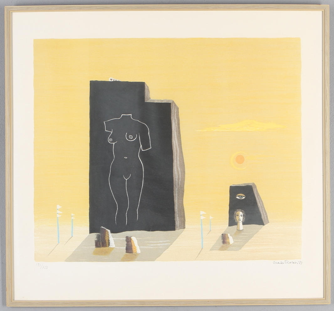 ESAIAS THORÉN. Surrealistisk komposition, färglitografi, signerad och numrerad 191/750.