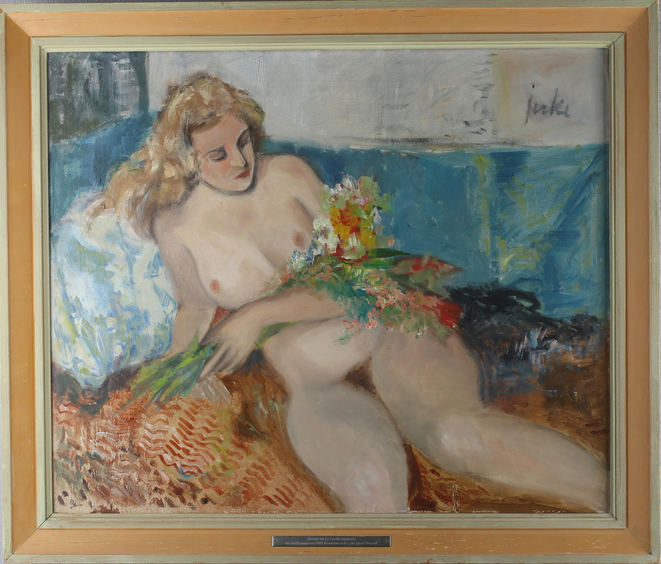 ERIK JERKEN. Naken kvinna med blommor, olja på duk, signerad.
