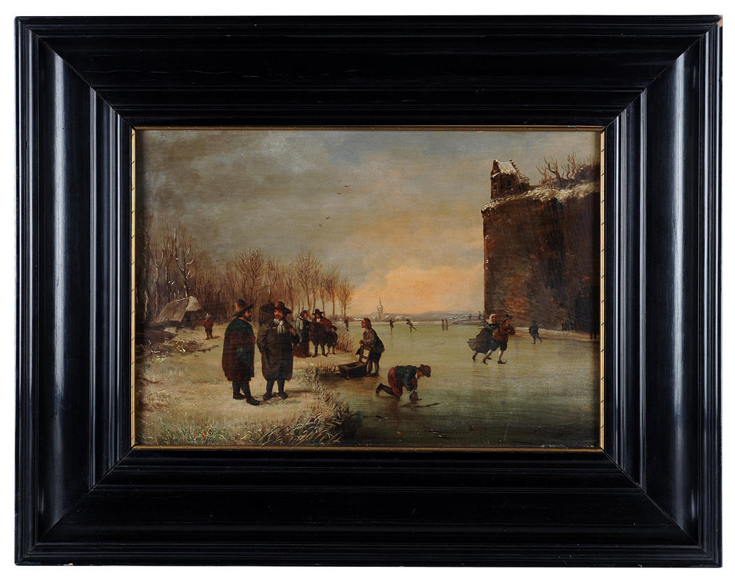 ADRIAEN VAN DE VELDE. HANS ART. Vinterlandskap, samtal och kul under skridskoåkning.