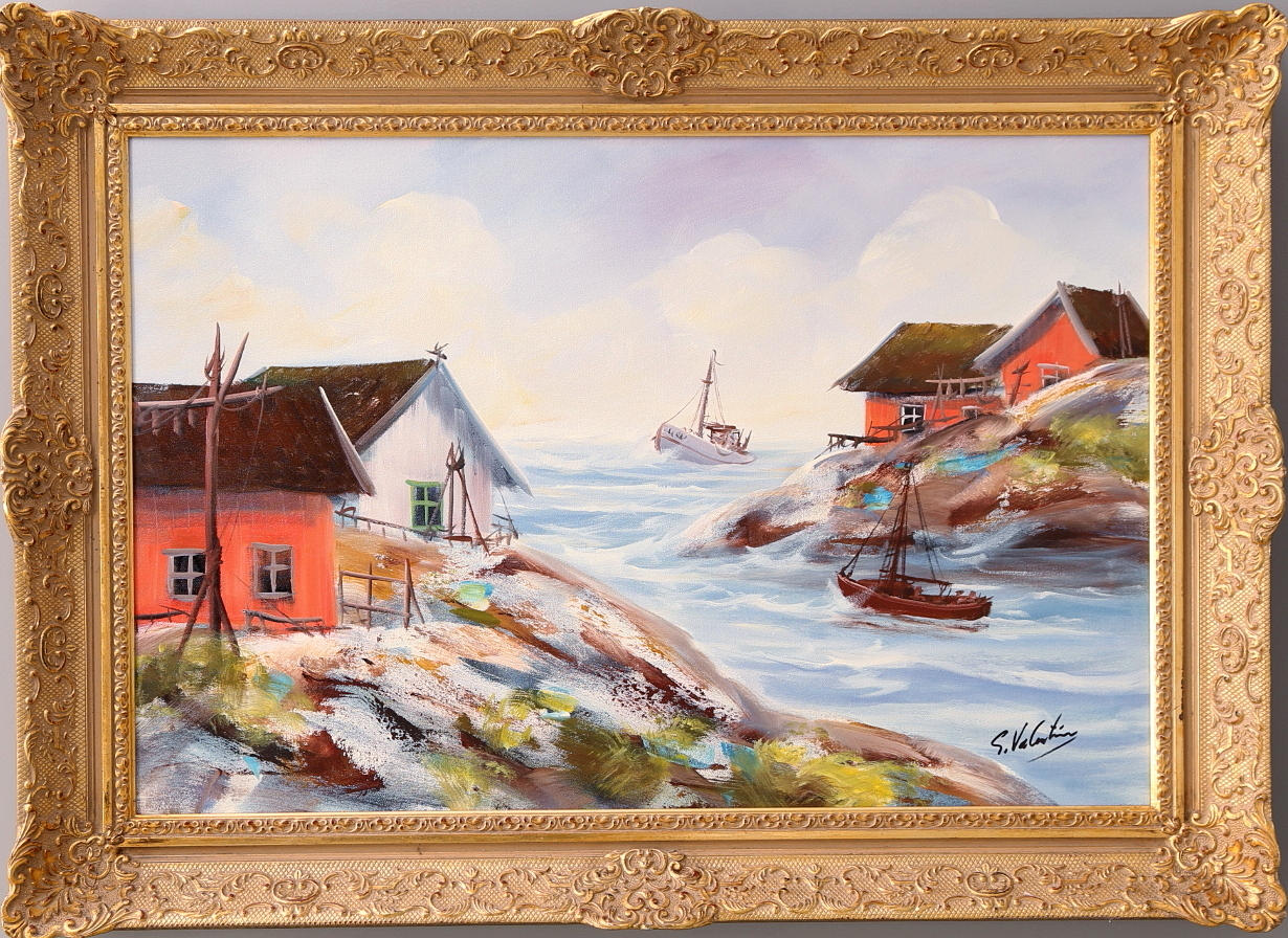 GUNNAR VALENTIN. Olja på duk, Skärgårdsmiljö, signerad.