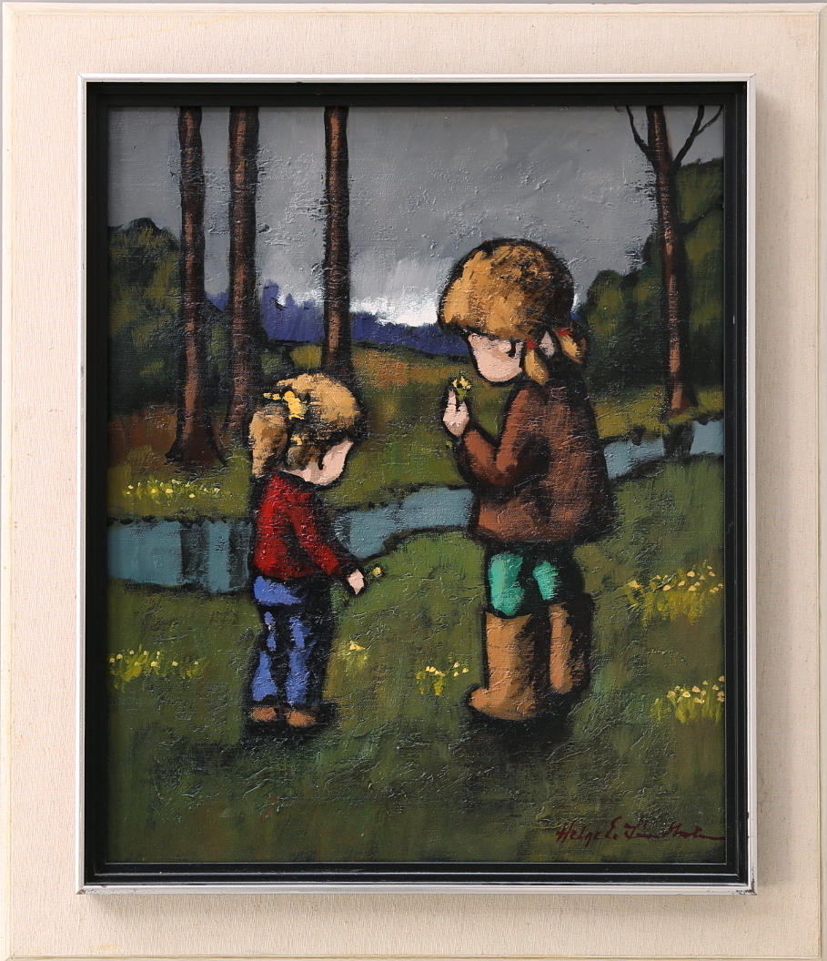 HELGE E. LINDHOLM. Olja på duk, barnmotiv, signerad.