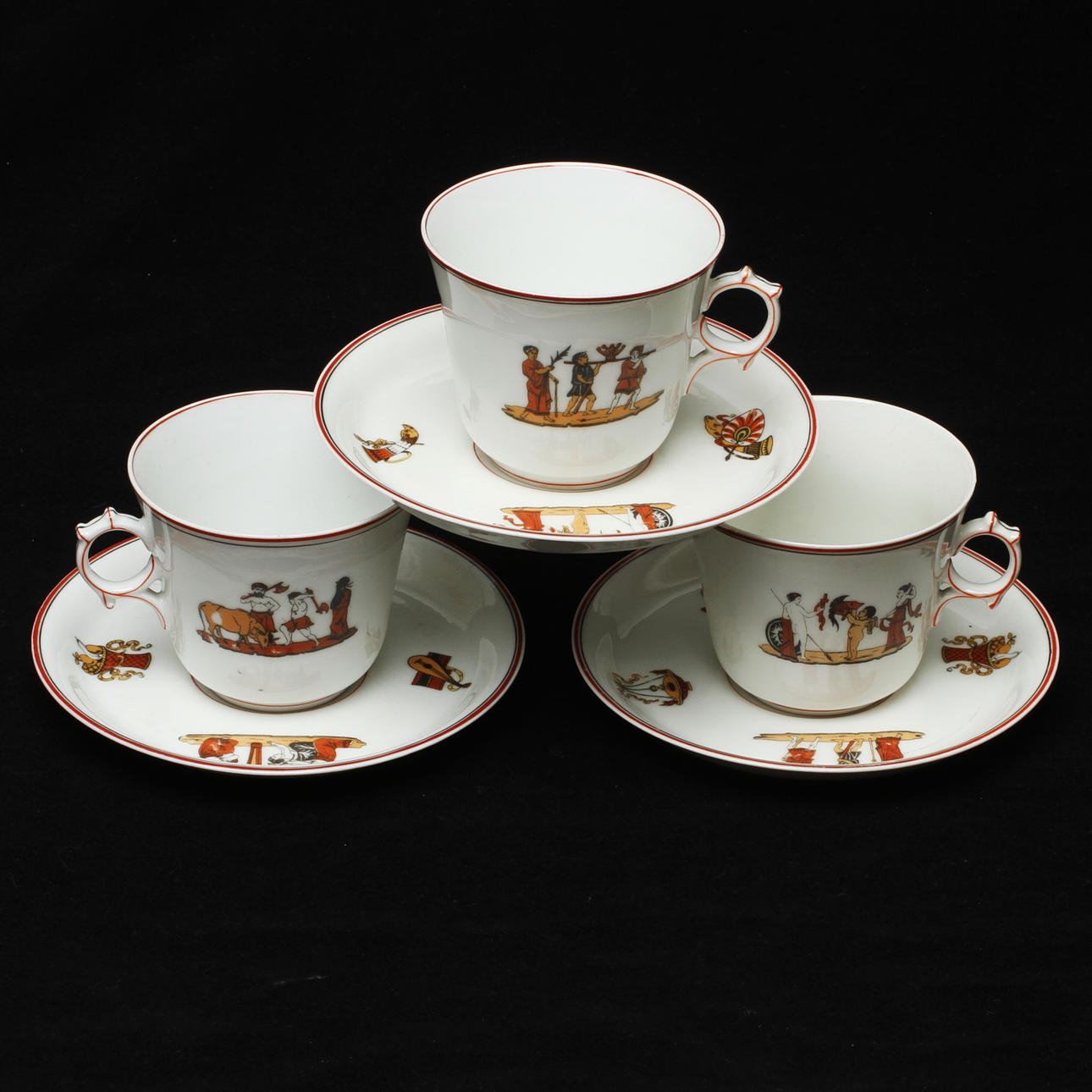 TEKOPPAR, med fat, 12 st, tryckt dekor, 1900-tal.