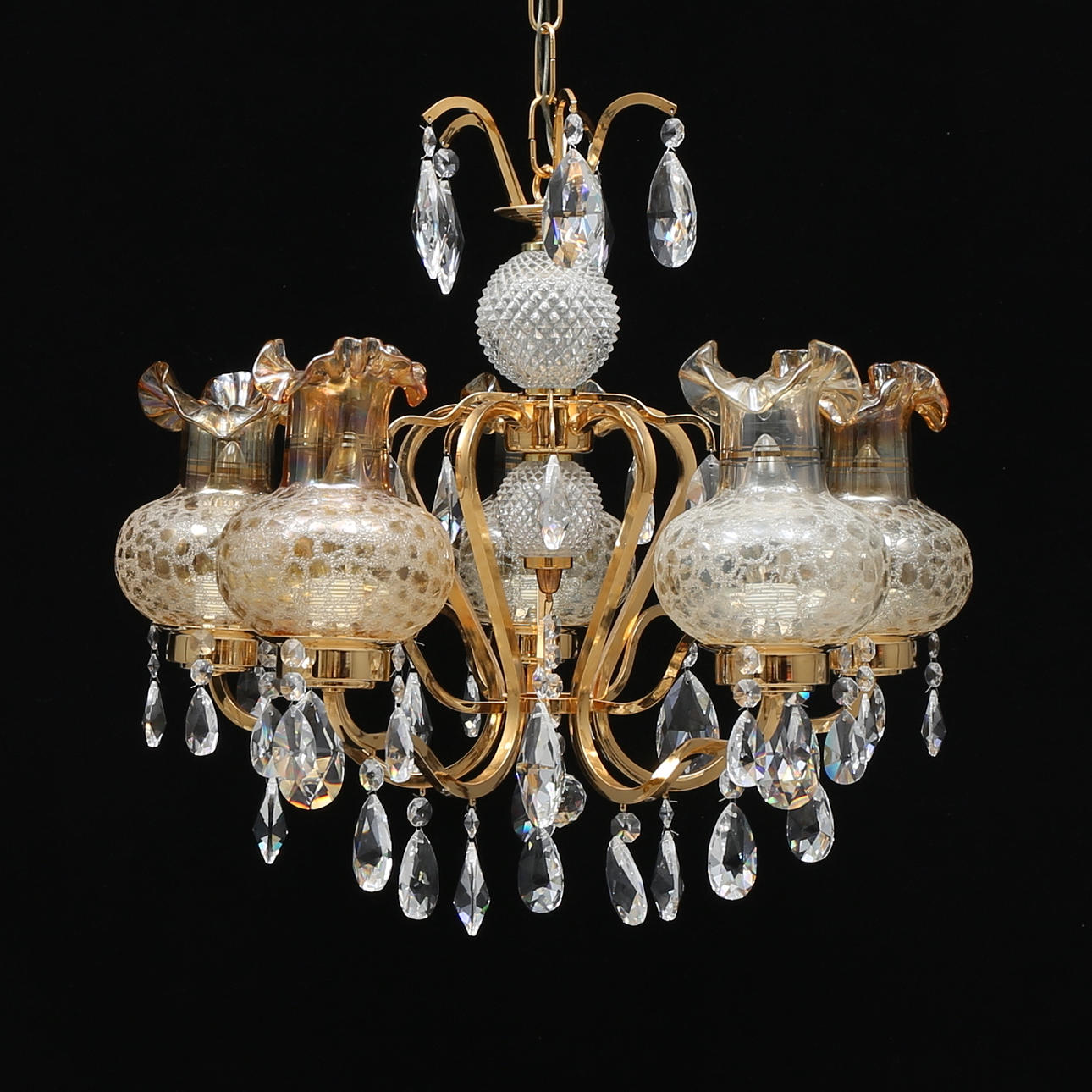 TAKLAMPA med prismor och glaskupor, 5-armad, Rejmyre Armaturfabrik.