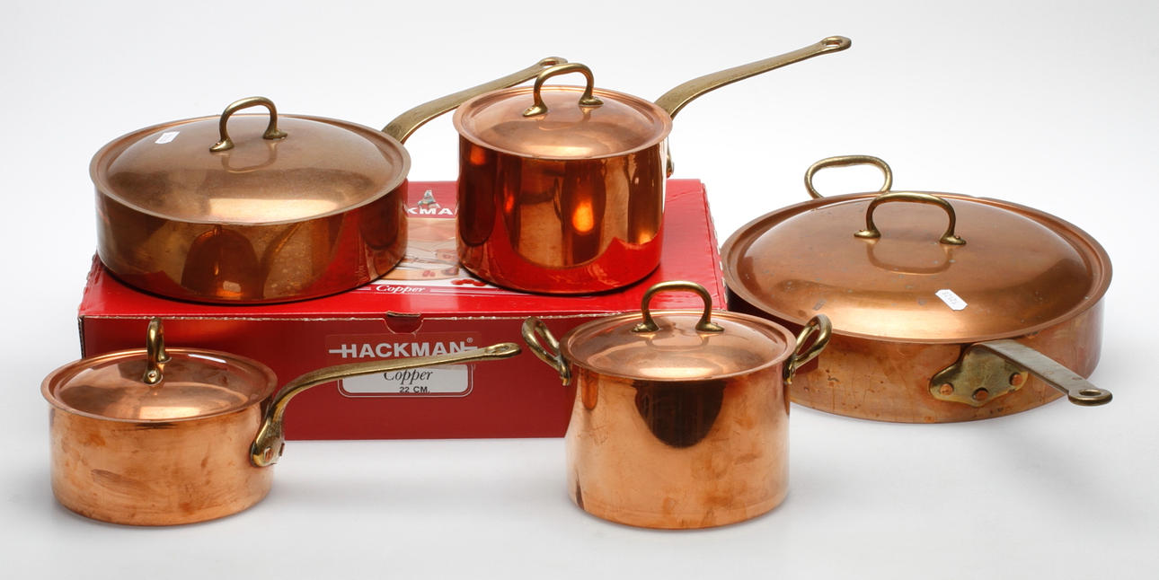 KASTRULLER OCH PANNOR, 6 st, koppar, 1900-tal.