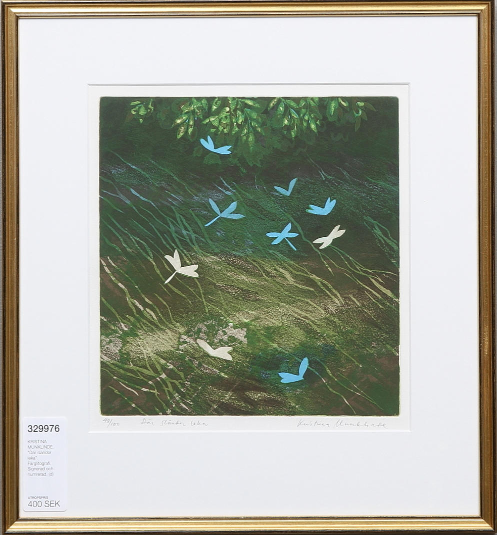 KRISTINA MUNKLINDE. "Där sländor leka". Färglitografi. Signerad och numrerad.