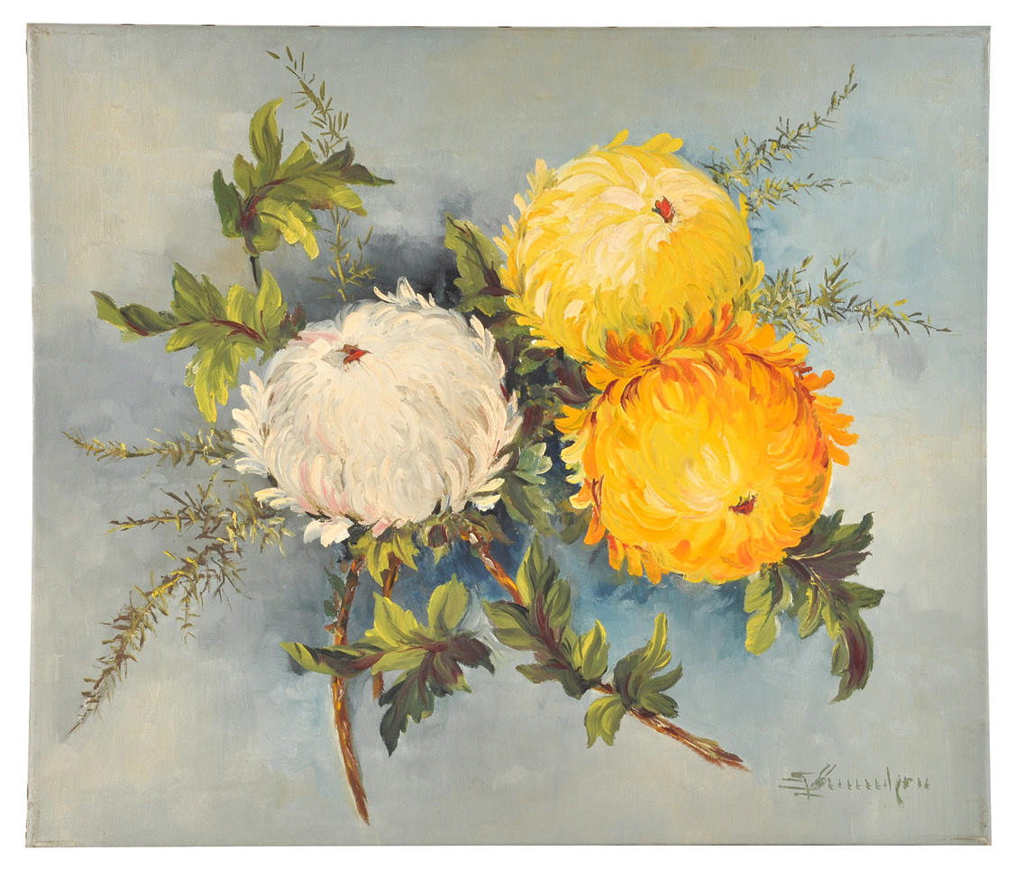 SIGNIERT. Stilleben med gula ringblommor.