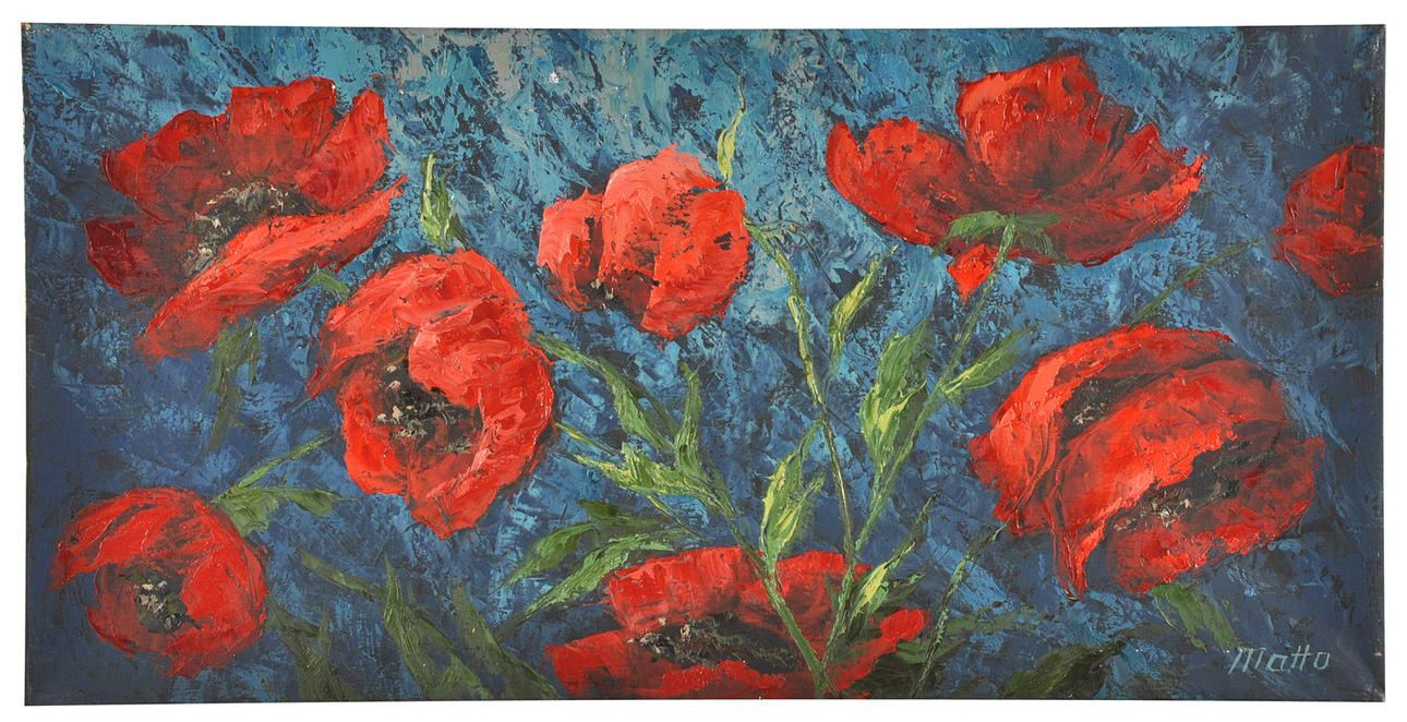 SIGNIERT MATTO. Stilleben. Blommande vallmo framför natthimlen.