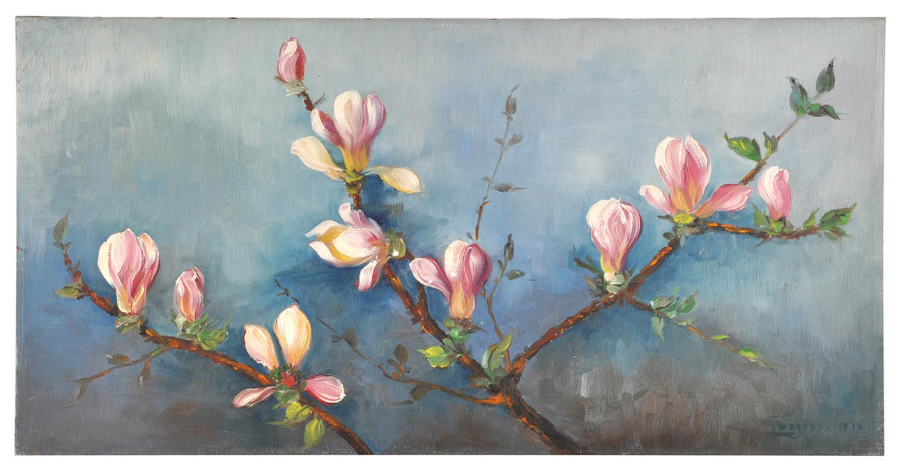 SIGNIERT. Blommande rosa körsbär.