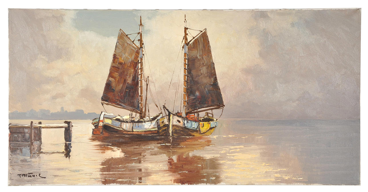 SIGNIERT T. BLÄDEL. Flatbåtar med segel på bryggan, djupgående stadssilhuett.