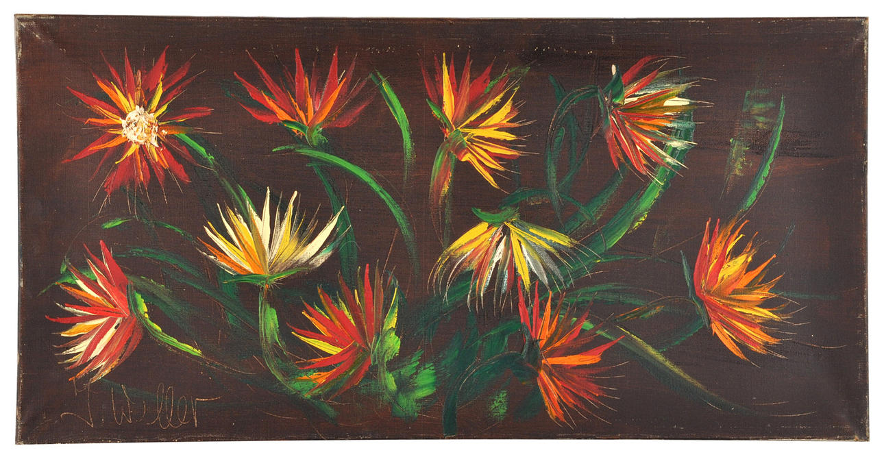 SIGNIERT J. WELLER. kaktus blommor, blommande suckulenter.