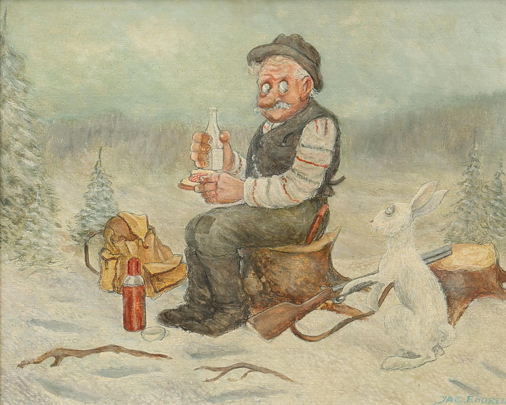 JAC EDGREN. Mixed media, hunter with hungry hare, signed.