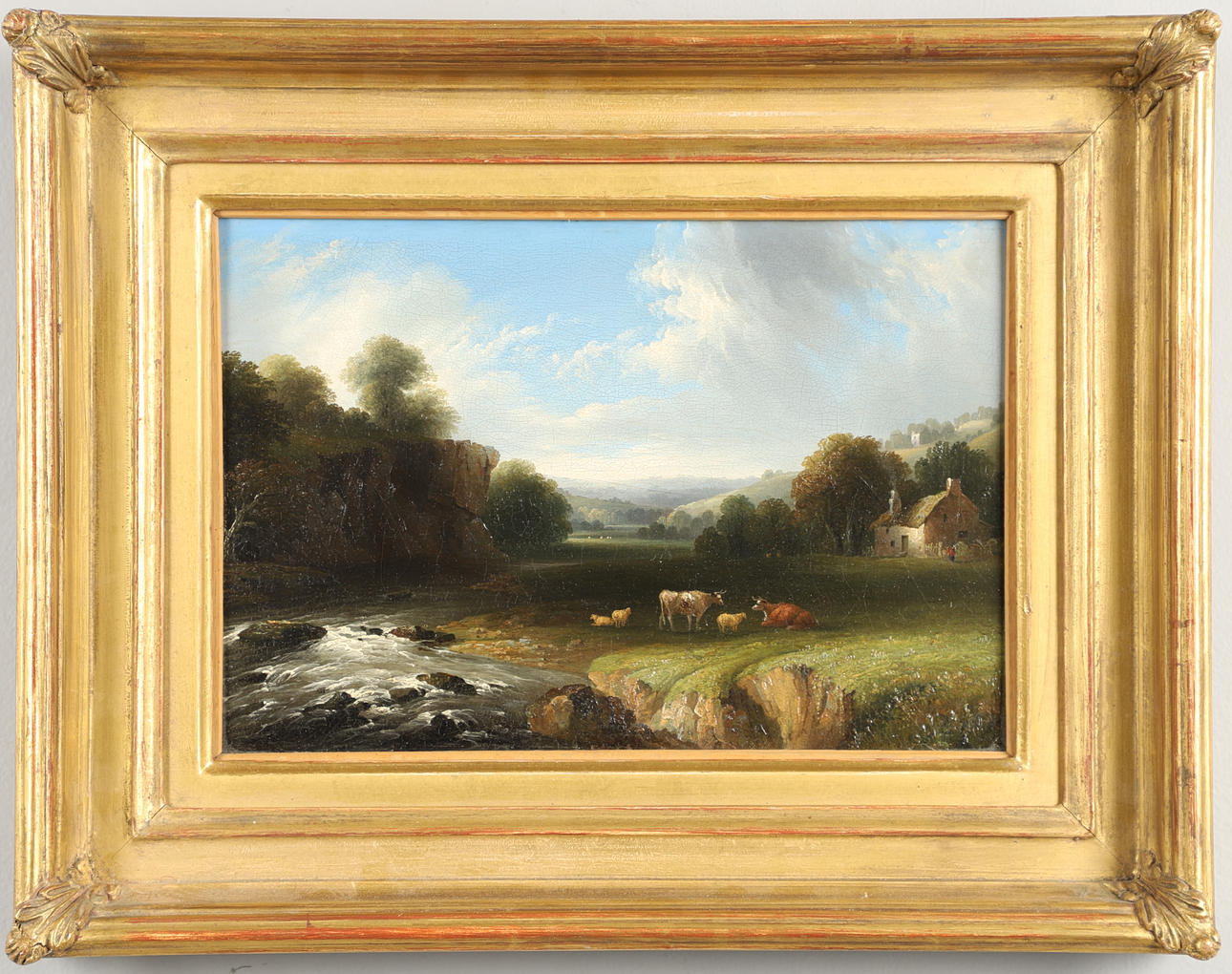 CIRCLE OF BENJAMIN BARKER OF BATH (1776-1838). CATTLE AND SHEEP IN A MEADOW BY A FARMSTEAD, NEAR A ROCKY RIVER.