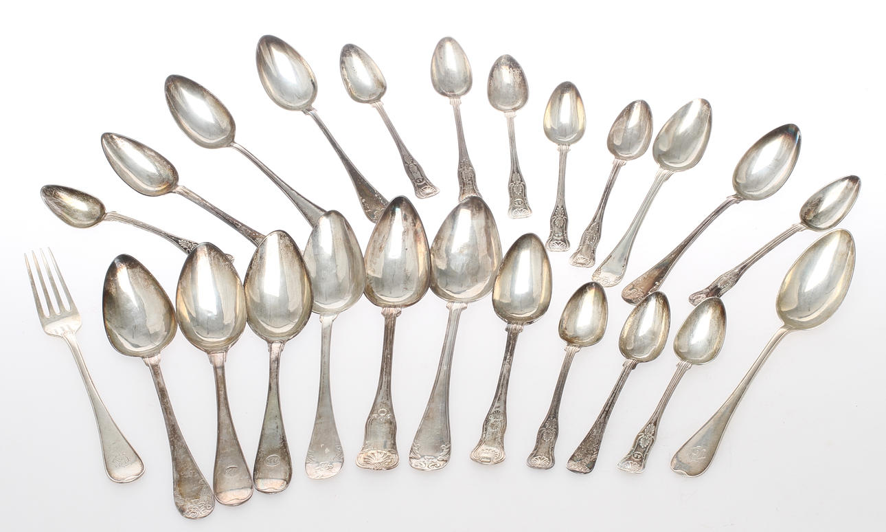 BESTICK, 26 delar, silver, mestadels skedar, 18&1900-tal, bland annat Johan Fredrik Masman och GAB.