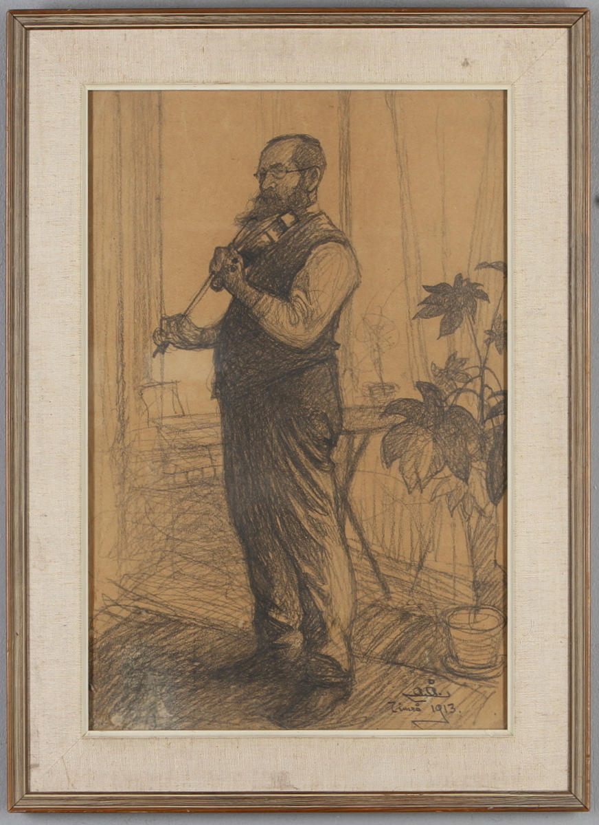 ACKE ÅSLUND. Fiolspelaren från Timrå, kolteckning, signerad och daterad 1913.