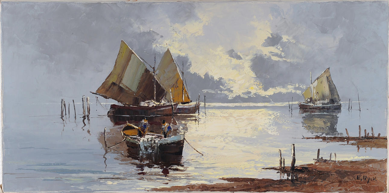 SIGNIERT E. DYCK. Fiskebåtar på kvällen.