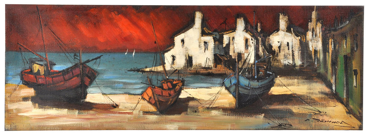 SIGNIERT REINHOLD. Medelhavskusten med byggnader och båtar.