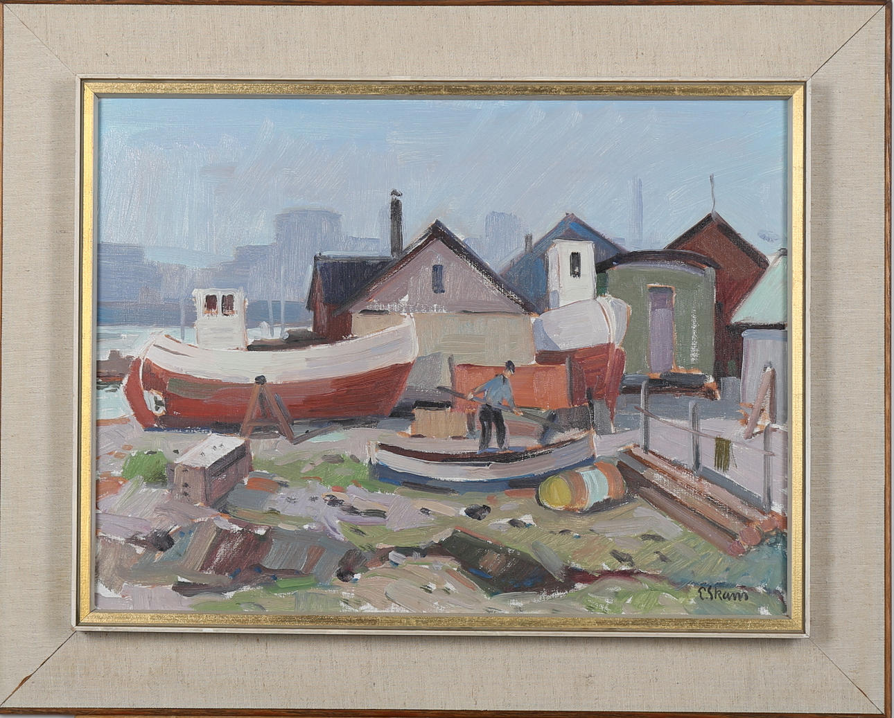 ESKIL SKANS. Man vid fiskehoddor, olja på pannå, signerad E Skans.