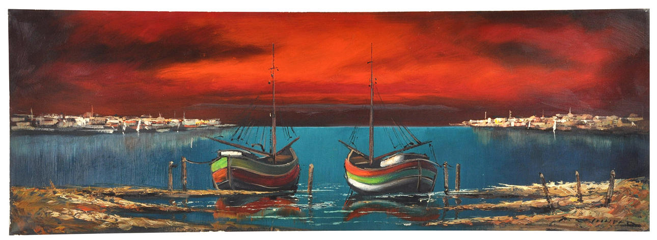 SIGNIERT REINHOLD. Två segelbåtar landade i en Medelhavsvik.