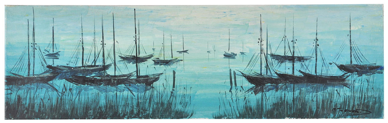 SIGNIERT REINHOLD. Stiliserade båtar med rufsade segel nära stranden.