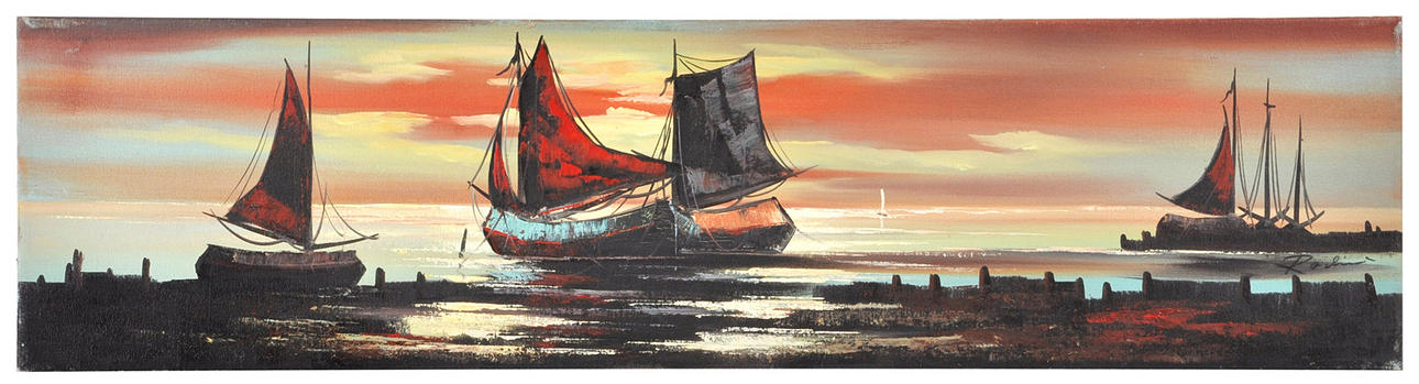 SIGNIERT ROCHIN O.Ä. Båtar i leran under lila himmel.