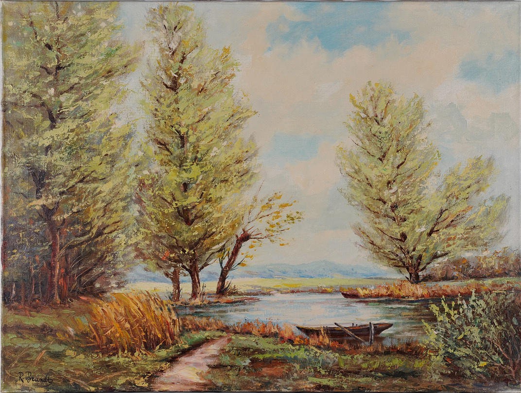 SIGNIERT R. BRANDT. Lugnt landskap med trädkantade banker.